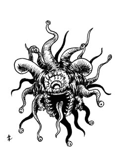 an ink drawing of an octopus with large tentacles on it's head and eyes