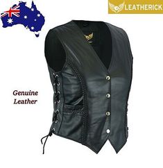 Top Rated Ladies Braided Motorcycle Leather Vest Waistcoat Black with Side Laces AUS Stock, Womens Coats Jackets Motorcycle Leather Vest, Riding Vest, Leather Waistcoat, Black Leather Vest, Vest Designs, Biker Leather, Sleeveless Jacket, Buffalo Leather, Biker Style