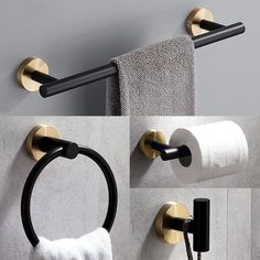 three pictures of toilet paper and towel hanging on the wall next to a roll of toilet paper