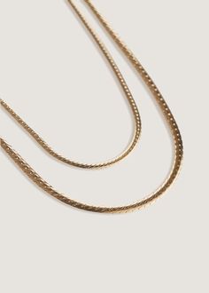 alt="Kennedy Herringbone Chain II with the Kennedy Herringbone Chain I Classic Gold Herringbone Necklace With Snake Chain, Double Snake Chain Necklace, Yellow Gold Herringbone Necklace With Snake Shape Chain, Elegant Snake Chain Necklace With Lobster Clasp, Formal Double Snake Chain Necklace, Gold Herringbone Double Strand Necklace, Gold Double Strand Herringbone Necklace, Elegant Double Strand Herringbone Necklace, Baroque Pearl Pendant