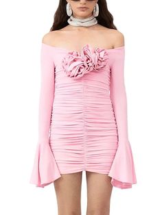 Mqtime New Women's Pink Sexy Off Shoulder Flower Design Long Sleeve Pendant Mini Dress Elegant Celebrity Party Dress Mini Dress Elegant, Celebrity Party, Dress Elegant, New Woman, Flower Design, Elegant Dresses, Pink Dress, Flower Designs, Pink Ladies