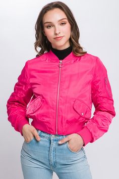 Pink Nylon Outerwear For Fall, Pink Nylon Outerwear With Zipper Closure, Pink Fitted Nylon Outerwear, Fitted Pink Nylon Outerwear, Spring Nylon Long Sleeve Outerwear, Solid Fall Windbreaker With Ykk Zipper, Pink Nylon Outerwear For Spring, Spring Nylon Outerwear, Winter Nylon Track Jacket With Zipper