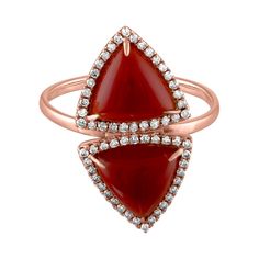 Stunning Trillion Shaped Ring. The ring is 14K Rose Gold. There are 0.62 Carats in Diamonds H/I SI. There is 4.00 Carats in Trillion Shaped Red Agate. The ring measures 1" x 1/2". The ring is a size 7, sizable. The ring weighs 2.6 Grams. Rings Multiple, Trillion Ring, Diamond Gold Ring, Triangle Diamond, Carnelian Ring, Tourmaline Pendant, Contemporary Ring, Rings Fashion, Gold Diamond Jewelry