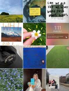 a collage of photos with words and pictures on them that include flowers, grass, trees, mountains, people