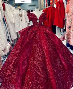 By purchasing, you agree to have read and understood the terms set out in our store policies and FAQs. If you're not happy with the terms, please do not proceed. Beautiful custom made wedding gown/dress!  Red is for passion. Shine with any of these red ball gown wedding/prom dresses.  Style 1: - Queen style sleeves - Beautiful beaded lace on the bodice - Adjust fit with lace-up back - Tiered skirt - Shine day or night with shimmering glitter tulle Style 2: - Illusion V neck - Tiered skirt - Adju Red Wedding Gowns, Red Ball Gown, Quinceñera Dresses, Sparkle Ball