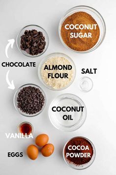 ingredients to make chocolate chip cookies are shown in bowls on a white surface with the words coconut sugar, almond flour, salt and cocoa powder