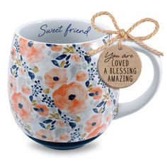 a coffee mug with a tag that says, sweet friend you are loved a blessing amazing