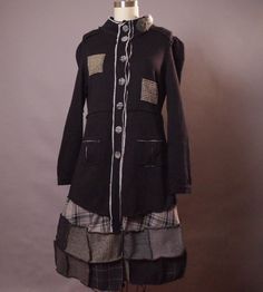 OOAK Wool Patchwork Jacket Unique Patchwork Jacket Women's Upcycled Coat Fall Lagenlook Outerwear With Patchwork, Fall Long Sleeve Outerwear With Collage Stitching, Reworked Long Sleeve Winter Outerwear, Reworked Long Sleeve Outerwear For Winter, Upcycled Long Sleeve Cotton Outerwear, Upcycled Cotton Long Sleeve Outerwear, Upcycled Coat, Wool Patchwork, Black Leather Cuff Bracelet