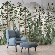 Pine Tree Wallpaper Watercolor Forest Wallpaper image 1 Peel And Stick Wallpaper Dining Room, Pine Tree Wallpaper, Forest Room, Wallpaper Watercolor, Watercolor Forest, Pine Trees Forest, Forest Wall Mural, Mural Ideas, Crafts Room