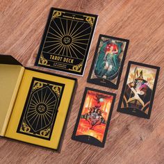 the tarot deck is open on a wooden table