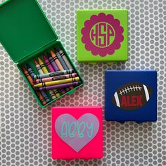 These are the perfect small box for on the go! These great personalized smaller boxes can hold crayons, hair ties, scrunchies, jewelry, legos and so much more! Perfect for school or home. choose name, monogram, or designs. we can do anything you would like :) box measures about 4x4x1 colors: Hot pink, blue, lime, green, purple, red please choose from the drop down menu for available colors Please copy and paste this info into the message box when you check out Name/Initials/Image and color: font Educational Craft Supplies For End Of School Year, Personalized Multicolor Craft Supplies For Back To School, Personalized Stationery For End Of School Year, Playful Rectangular Craft Supplies For Back To School, Playful Craft Supplies For Back To School Gifts, Customizable Educational Craft Supplies For School, Playful Craft Supplies For End Of School Year, Educational Back To School Craft Supplies Gift, Playful Craft Supplies For School's End Of Year