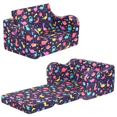 two children's sofas with different designs on them