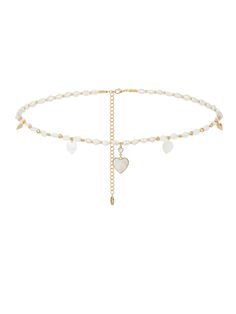 gold tone plated brass CZ acrylic pearl 20" with 5" extender Gold Pearl Jewelry With Heart Beads, Heart-shaped Pearl Beaded Chain Jewelry, Elegant Gold Choker With Heart Charm, Pearl Heart Beads Jewelry For Party, Heart Shaped Pearl Chain Jewelry For Party, Heart-shaped Pearl Chain Jewelry For Party, Party Jewelry With Pearl And Heart Charm, Gold Heart Beads Choker Jewelry, Gold Heart Beaded Choker Jewelry