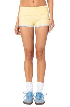 Contrasting trim adds sporty style to these stretchy cotton shorts featuring a cozy fold-over waistline. Pull-on style 95% cotton, 5% spandex Machine wash, dry flat Imported Athleisure Bottoms With Contrast Trim For Loungewear, Summer Loungewear Bottoms With Contrast Trim, Casual Shorts With Contrast Trim, Cotton Shorts With Contrast Trim For Summer, Stretch Cotton Athletic Shorts With Ribbed Waistband, Casual Short Bottoms With Contrast Trim, Contrast Trim Loungewear Bottoms Short Length, Cotton Shorts With Contrast Trim, Spring Cotton High-waisted Shorts Activewear