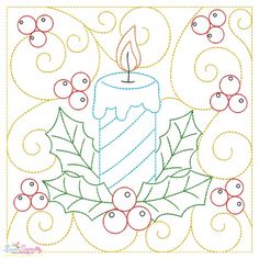 a candle with holly leaves and berries on the border is shown in this embroidery pattern