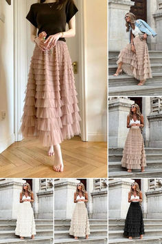 Tiered Elastic Waist Tulle Maxi Skirt