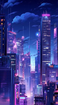 an animated cityscape with skyscrapers and neon lights in the sky at night