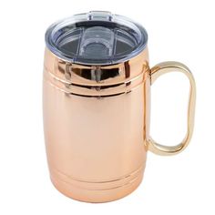 a copper colored coffee mug with a lid