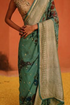 Aqua saree with all over handpainted kalamkari floral honeycomb motifs, highlighted by woven geometric broad border and marodi embroidery. - Aza Fashions Transitional Anarkali Pre-draped Saree With Printed Motifs, Anarkali Pre-draped Saree With Printed Motifs For Transitional Season, Eid Pre-draped Semi-stitched Saree With Printed Motifs, Eid Festive Saree With Printed Motifs, Festive Eid Saree With Printed Motifs, Designer Diwali Saree With Printed Motifs, Wedding Pre-draped Cotton Silk Saree With Printed Motifs, Designer Festive Saree With Printed Motifs, Designer Saree With Printed Motifs For Festivals