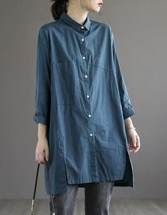 Loose Solid Color Mid-length Shirt – Obiono Light Blue Cotton Blouse With Pockets, Everyday Blue Blouse With Pockets, Blue Relaxed Fit Solid Color Shirt, Light Blue Relaxed Fit Shirt For Fall, Blue Shirt With Shirttail Hem For Fall, Spring Blue Plain Shirt, Light Blue Relaxed Fit Long Sleeve Blouse, Light Blue Long Sleeve Relaxed Fit Blouse, Casual Solid Color Shirt For Daywear