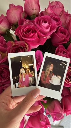 two polaroids with pink roses in the background and one holding a birthday cake