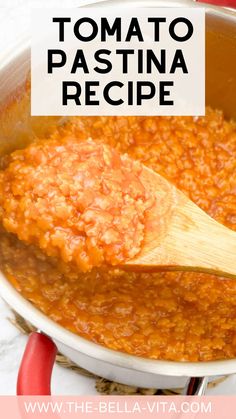 tomato pastena recipe in a white pot with a wooden spoon and text overlay