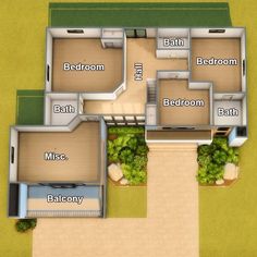 an overhead view of a floor plan for a house with three bedroom and two bath areas