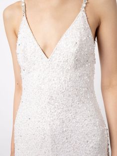 Jenny Packham Nora sequin-embellished Gown - Farfetch Glamorous White V-neck Evening Dress, White Embellished V-neck Evening Dress, White Sequined Evening Dress For Gala, Sleeveless White Sequin Dress For Gala, White Sleeveless Sequin Dress For Wedding, White Sleeveless Sequin Wedding Dress, Sleeveless White Sequin Wedding Dress, Sparkling V-neck Evening Dress For Wedding, White V-neck Evening Dress With Sequins