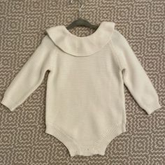 Nwt Cream Knit Romper Material Is Very Soft, Medium Weight. It’s Actually A Very Beautiful Little Romper. Never Worn - Still Has Tags Smoke-Free Home Size: 12 Month White Knit Sweater For Playtime, White Knitted Sweater For Playtime, Baby Boy Nike, Bunny Onesie, Cotton Overalls, Knit Romper, Ruffle Bodysuit, Hudson Baby, Pink Tutu