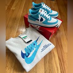 Nike Air Force 1 Lv8 2 6.5 Youth = 8 Womens. Like New But Not The Original Box. Only Worn Once. Nike Crew Neck Xl Youth. Never Worn. Original Total $150. Selling For $125. Casual Blue Nike Air Force 1, Casual Blue Sneakers With Logo Print, Matching Crewneck, Nike Air Max Dia, Air Max 90 Leather, Nike Air Force 1 Lv8, Nike Shox R4, Shoes Nike Air Force, Air Max 90 Women