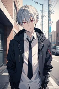 an anime character is standing on the street