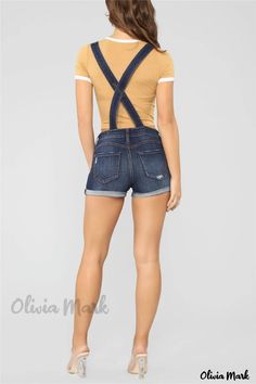 Olivia Mark - Stylish Sleeveless Medium Blue Suspender Shorts - Fashionable and Sophisticated High Waist Bottoms With Suspenders For Spring, Chic High Waist Bottoms With Suspenders, Chic Spring Bottoms With Suspenders, Trendy Bottoms With Suspenders For Spring, High Waist Bottoms With Suspenders For Summer, Suspender Shorts, Blue Suspenders, Elevated Fashion, Romper Designs