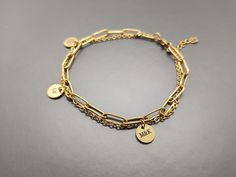 🌺Customized Double Layer Chain Bracelet is a Great Anniversary, Birthay and Holiday Gift. The chain and tag are made by Gold Plated Stainless Steel which is Tarnish Resistant. The chain size is 2mm cable chain and 4mm link chain. Perfect gift for Mom, Wife, Girlfriend, Sister and Daughter. 🌺 🥰Our shop is committed to excellence, offering you a product that not only meets but exceeds your expectations.  🔆 EXCEPTIONAL CRAFTSMANSHIP: Each of our Jewelry is a masterpiece of detail and design, in Trendy Adjustable Charm Bracelet With Delicate Chain, Trendy Charm Bracelet With Delicate Chain, Personalized Adjustable Metal Chain Bracelet, Trendy Charm Bracelet With Delicate Chain As Gift, Nickel-free Gold Name Bracelet For Everyday, Nickel-free Gold Link Bracelets, Gold Nickel-free Chain Link Bracelet, Nickel-free Metal Chain Bracelet For Friendship, Gift Chain Link Charm Bracelet With Adjustable Chain