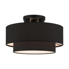 a black ceiling light with a round shade on the bottom and two lights above it