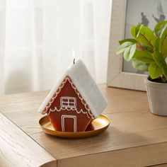 a gingerbread house on a plate next to a potted plant