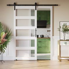 an open door leading to a kitchen with green cabinets and plants in the corner next to it