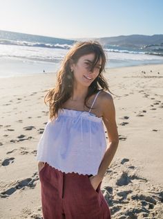 rita white eyelet top front White Sleeveless Top With Eyelet Details, White Sleeveless Eyelet Top, Eyelet Fabric, Delicate Embroidery, Sunny California, Eyelet Top, White Eyelet, Small Batch, White Tank