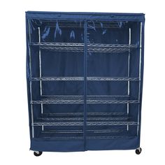 a blue garment rack with four shelves and two doors on each side, in front of a white background