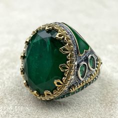 Men's Emerald Stone Silver Ring, Turkish Handmade Ring, 925k Sterling Silver Ring, Emerald Ring, Ottoman Men Ring, Men Jewelry, Gift for Him, Dad Gift, Father's Day, Handmade 925k silver men ring. Make your father, boyfriend, brother and grandfather happy with silver ring designs that reflect medieval and Ottoman era style. Make them feel valuable with such silver rings made of pure silver for birth days and special occasions. Attract attention of people around you with precious stones on silver. Item weight: 15 gr Silver * Thank you for looking at my shop. * Also, you may prefer to make yourself feel special. * If you have any questions please send me an e-mail. * Our production time is 3 business day * After purchasing product, it will be sent to you inside gift box. * If you have a sens Silver Ring Designs, Tarnished Silver, Ring Men, Ring Emerald, Men Ring, Men Jewelry, Emerald Stone, Silver Accessories, Emerald Ring