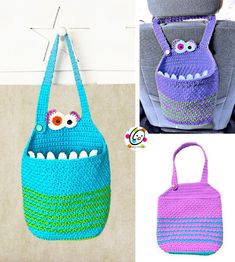 two crocheted purses with eyes and mouths hanging from the back of them