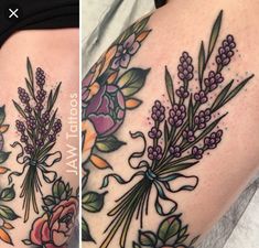 two pictures of flowers and leaves on the back of a woman's thigh, one with