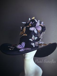 Handcrafted with love and attention to detail, this Witches Hat fits adults and can be customized in amazing array of Pastel shade Butterfly Colors!  C U S T O M I Z A T I O N Get in touch for custom orders! S I Z E  Adult size.  S H I P P I N G -  Processed same day or within 24 hours.  1-2 day guaranteed delivery, add item to cart, click shipping tab for rates.  Pls leave a check out note with your need date & contact number  Msg for delivery time frames (Include your state/country) C O N T A Whimsical Black Brimmed Hat, Flat Brim Halloween Hat, Whimsical Wide Brim Costume Hat, Witchy Fitted Hat With Curved Brim, Fitted Witchy Hat With Curved Brim, Fitted Flat Brim Hat For Halloween, Whimsical Fitted Wide Brim Costume Hat, Whimsical Wide Brim Fitted Costume Hat, Whimsical Curved Brim Costume Hat