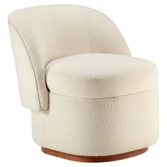 an upholstered chair with a wooden base and footstool in white fabric