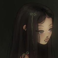 a drawing of a woman with long black hair and piercings on her ears looking down