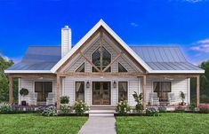 this is a computer rendering of a house with porches and front door, along with flowers on the lawn