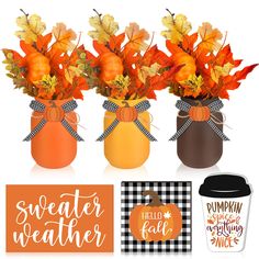 three vases filled with autumn leaves and pumpkins next to a card that says, sweater weather