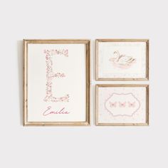 three framed pictures with the letter e in pink and white