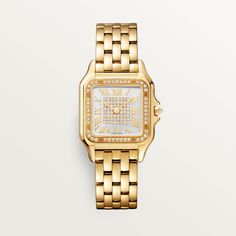 Cartier - Panthère de Cartier watch - Watch Gold/Gold - Panthère de Cartier watch, medium model, quartz movement. 18K yellow gold (750/1000) case set with 44 brilliant-cut diamonds totaling 0.28 carats. Dimensions: 36.5 mm x 26.7 mm, thickness: 6.8 mm. 18K yellow gold (750/1000) octagonal crown set with a brilliant-cut diamond totaling 0.02 carats. Silvered sunray-brushed dial set with 60 brilliant-cut diamonds totaling 0.22 carats, golden-finish sword-shaped hands. 18K yellow gold (750/1000) bracelet. Water-resistant up to 3 bar (approx. 30 meters/100 feet). Cartier Panthere, Forever Jewelry, Cartier Watch, Gold Case, Watch Collection, Brilliant Cut Diamond, Luxury Watches, Quartz Movement, Gold Watch