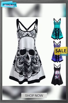 New Women's Halloween Print Sleeveless Dress Punk Style Skull Print Summer Dress, Punk Style Tank Top For Summer Party, White Sleeveless Gothic Dress, Black Summer Cosplay Dress, Black Mini Dress For Cosplay In Summer, Black Mini Dress For Summer Cosplay, Sleeveless Mini Dress For Spring Cosplay, Sleeveless Gothic Cosplay Dress, Black Sleeveless Mini Dress For Halloween