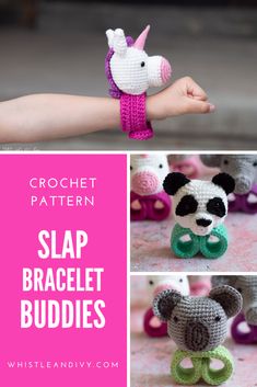 crochet patterns for slip bracelets with text overlay that reads, crochet pattern slap bracelet buddies